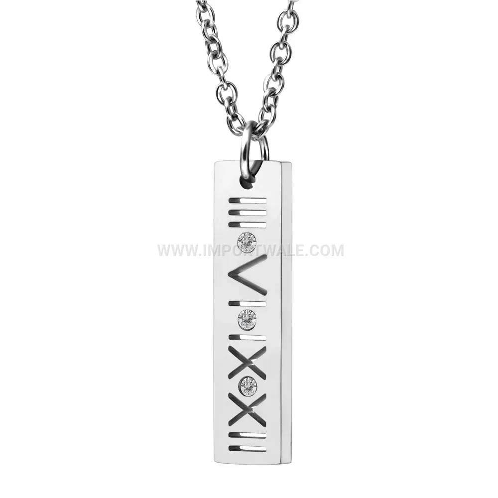 Roman Numeral Cutout Stainless Steel Rhinestone Pendant Necklace