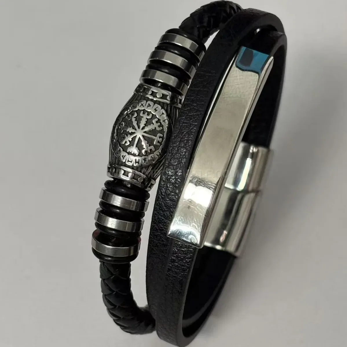 Multi-Layer Braided Black Leather Stainless Steel Viking Clasp Bracelet