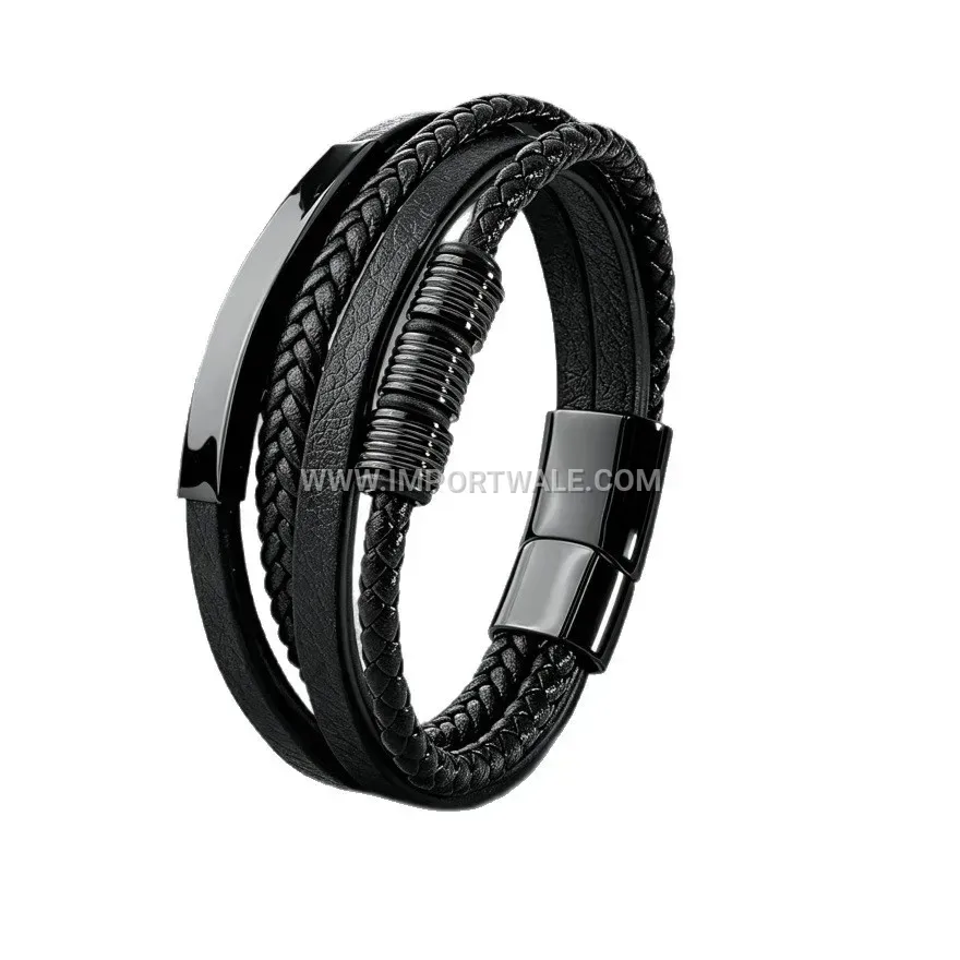 Dark Style Braided Leather Stainless Steel Magnetic Bracelet
