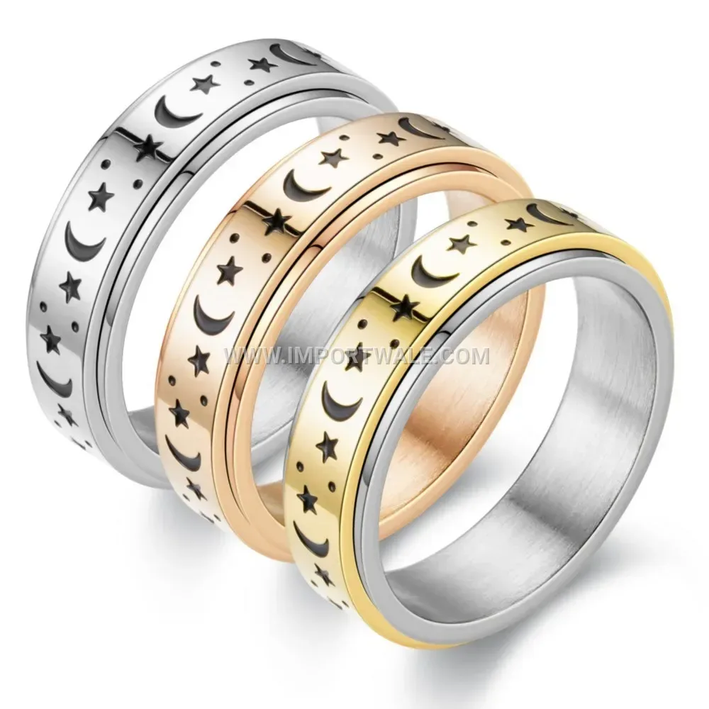 Sun Moon Star Engraved Stainless Steel Spinner Ring