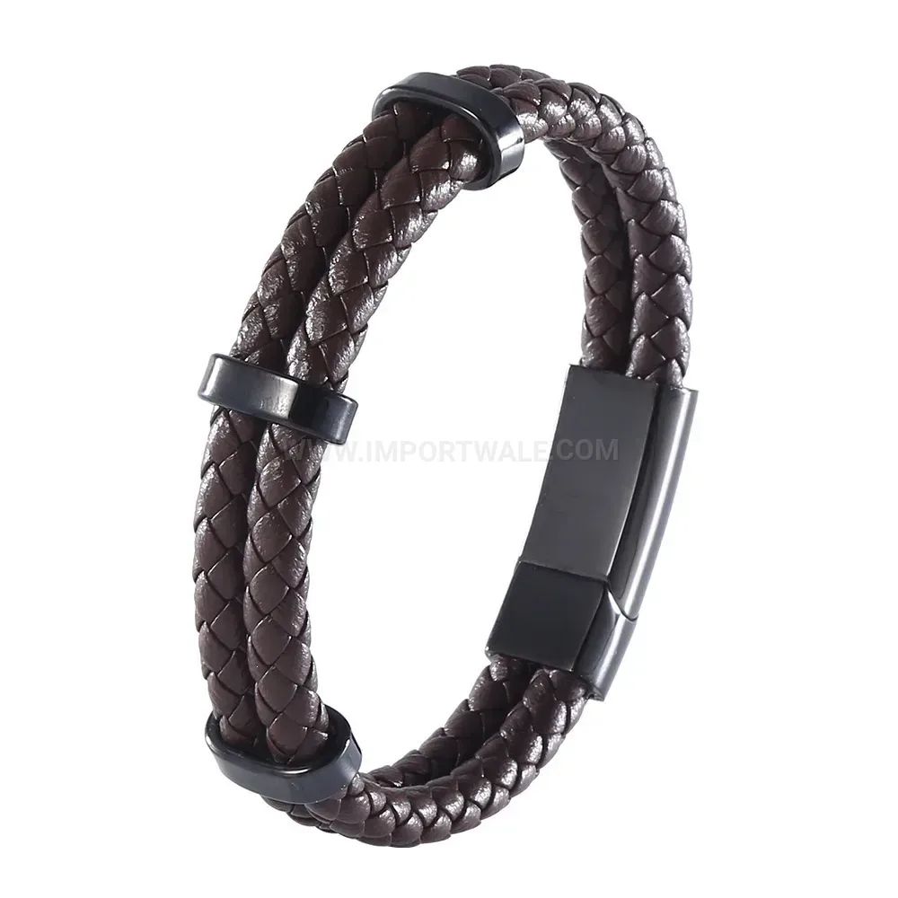 Vintage Braided Leather Bracelet with Stainless Steel Magnetic Clasp