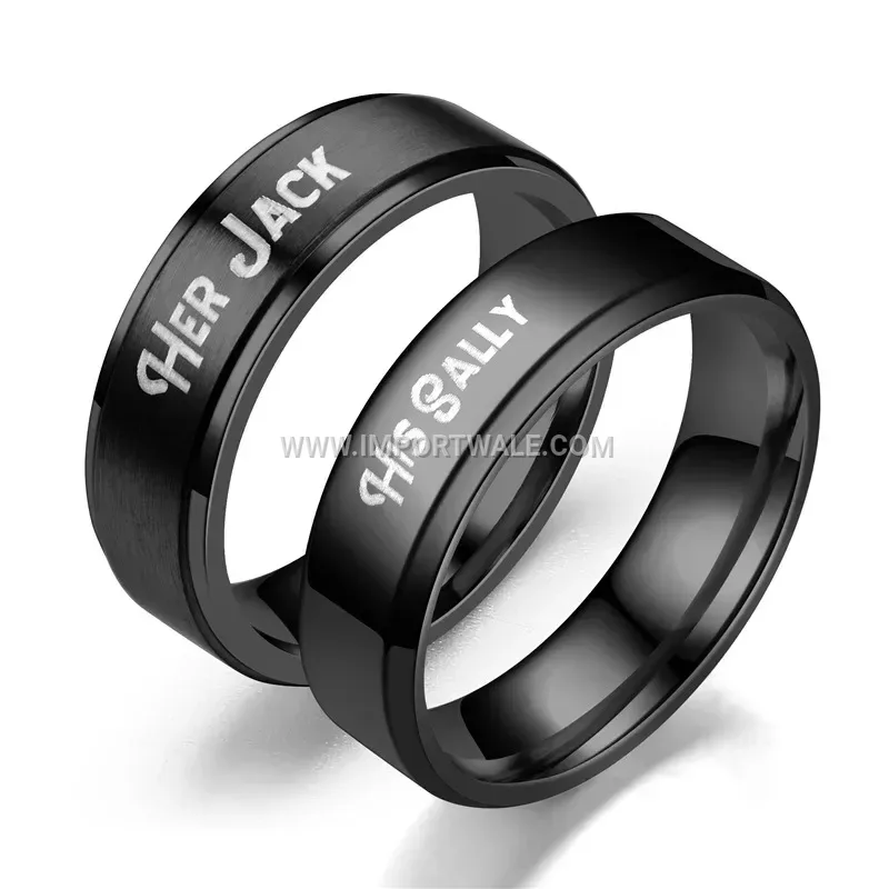 Beveled Edge Black Stainless Steel Engraved Couple Band Ring