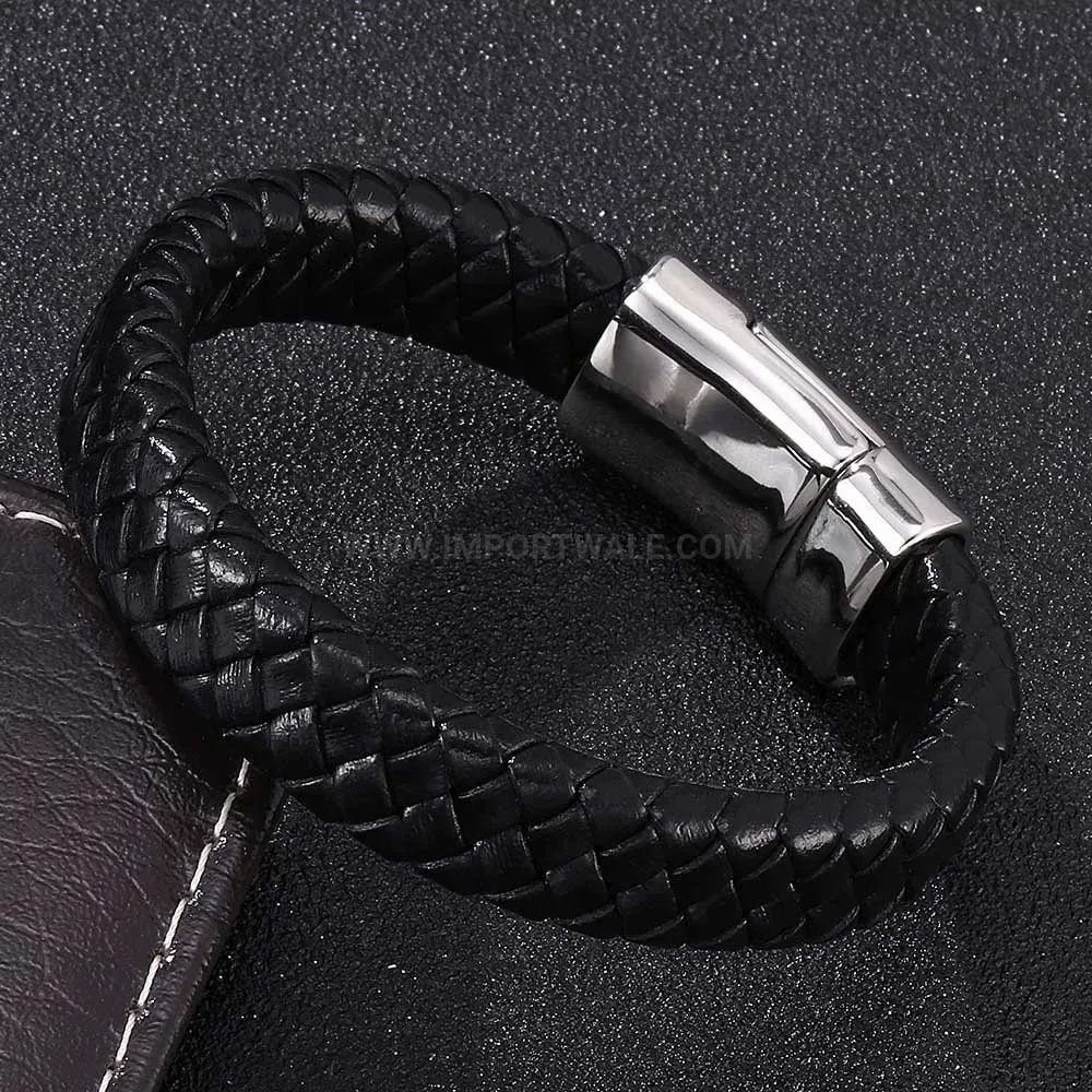 Black Leather Bracelet with Stainless Steel Owl Magnetic Clasp