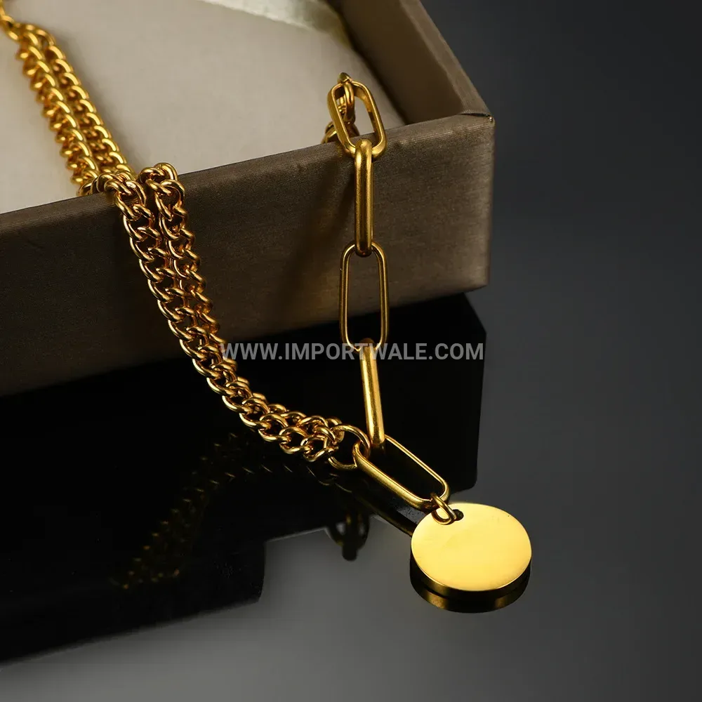Double-Layer Stainless Steel Chain Bracelet with Disc Charm