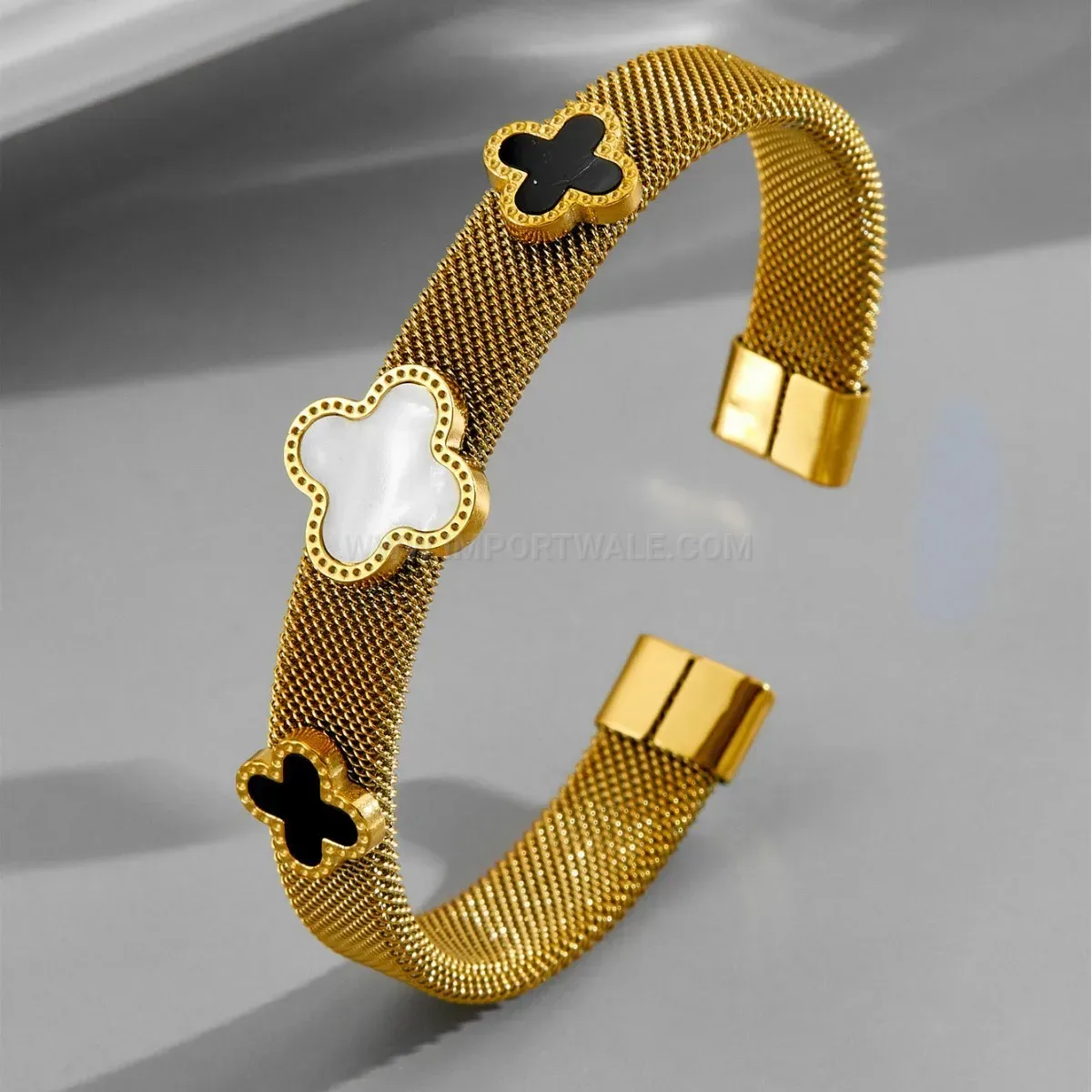 Open Cuff Four-Leaf Clover Stainless Steel Bangle Bracelet