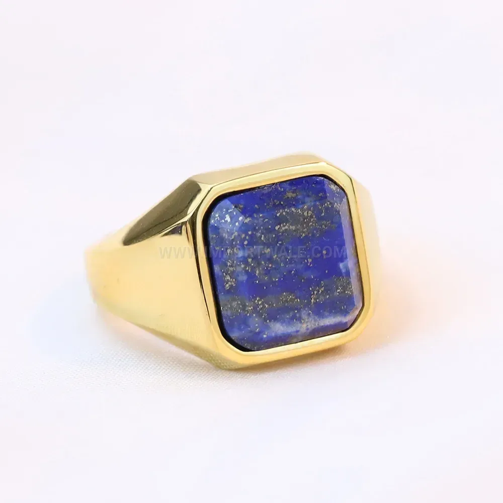 Modern Square Lapis Lazuli Inlaid Stainless Steel Signet Ring