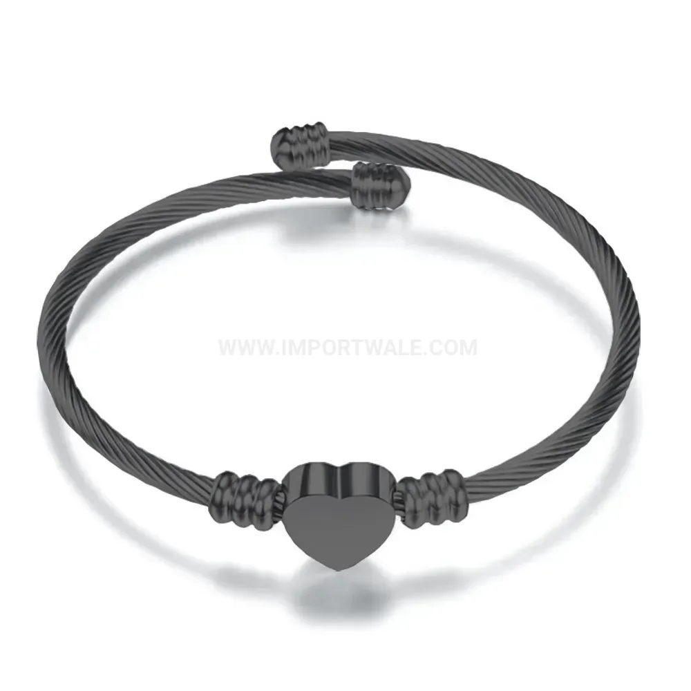 Chic Engraved Initial Black Heart Cable Wire Stainless Steel Bangle