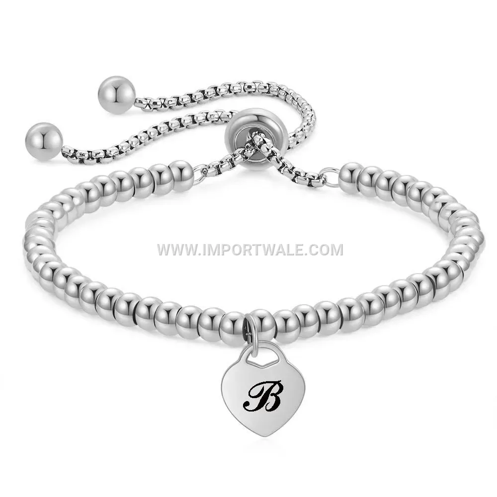 Stainless Steel Beaded Adjustable Initial Heart Bracelet