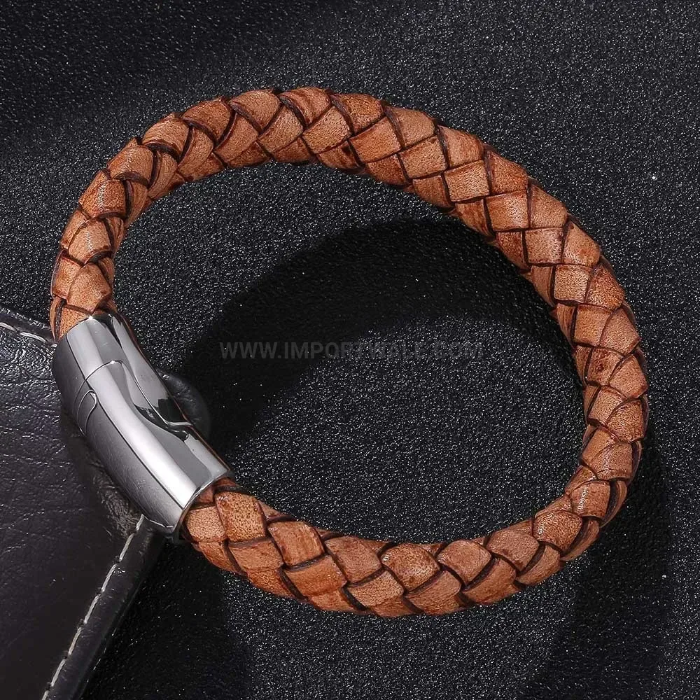 Classic Braided Leather Wristband with Stainless Steel Magnetic Clasp