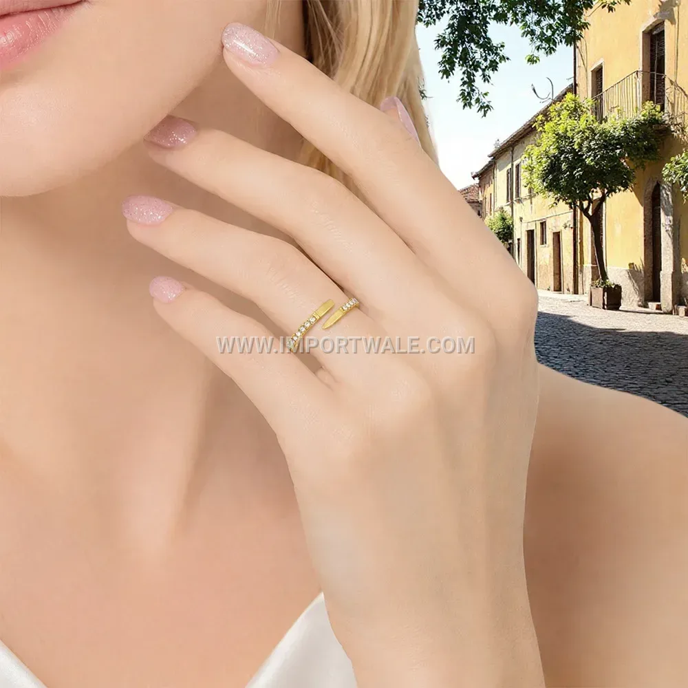 Encrusted Nail Motif Zircon Stainless Steel Open Ring