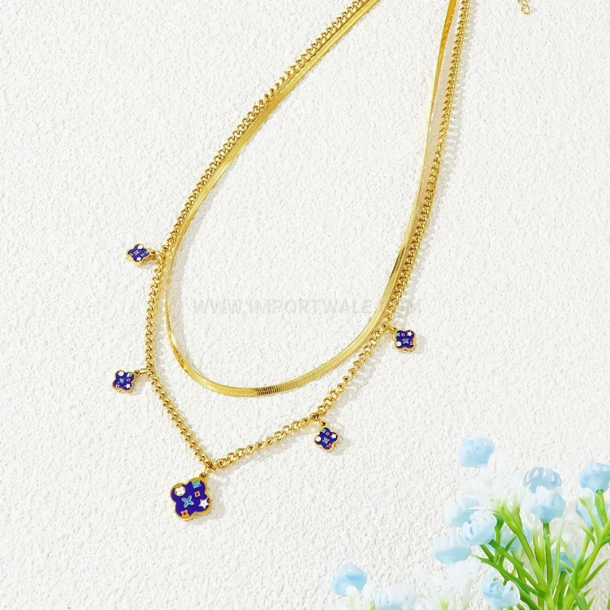 Modern Enamel Floral Titanium Steel Layered Necklace and Bracelet Jewelry Set