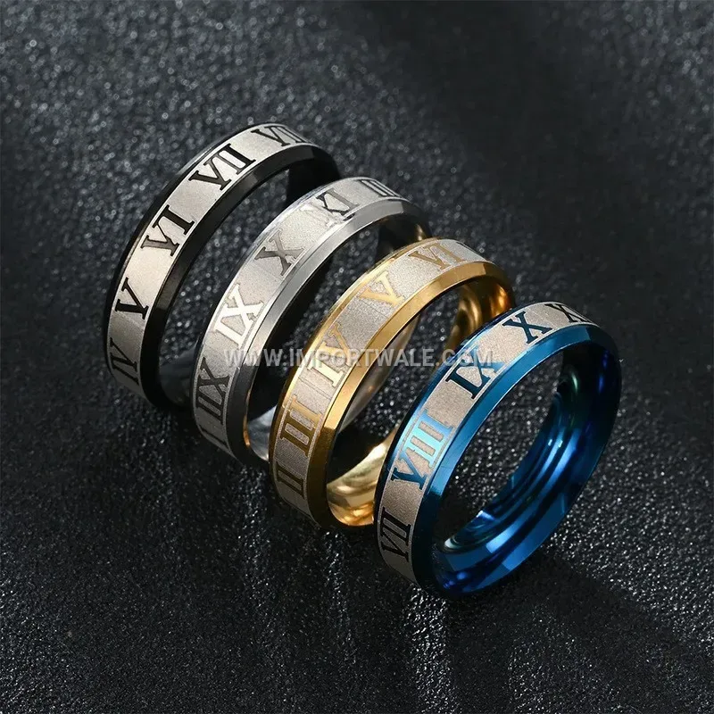 Laser Engraved Roman Numeral Stainless Steel Band Ring