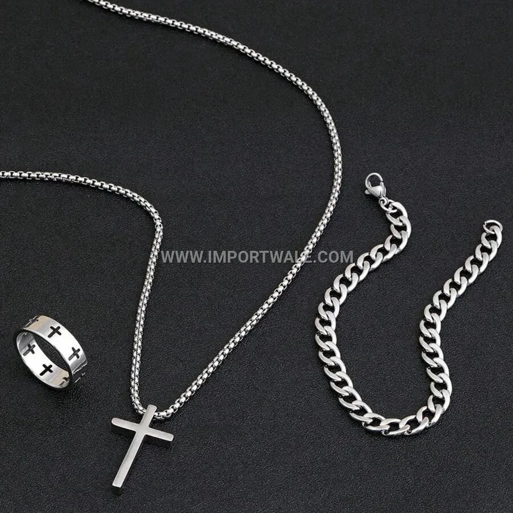 Trendy Stainless Steel Cross Motif Three Piece Jewelry Set