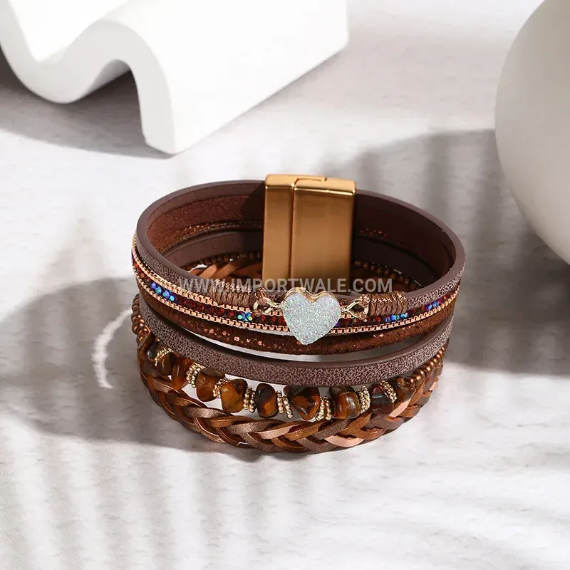 Multi-Strand Braided PU Leather Heart Charm Cuff Bracelet
