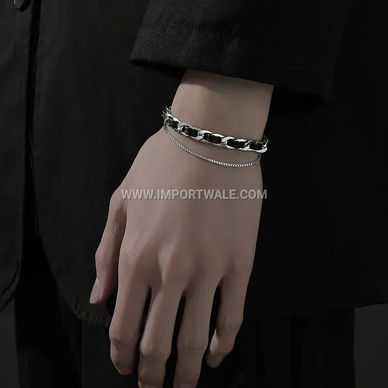 Stainless Steel and Leather Chain Link Combination Bracelet