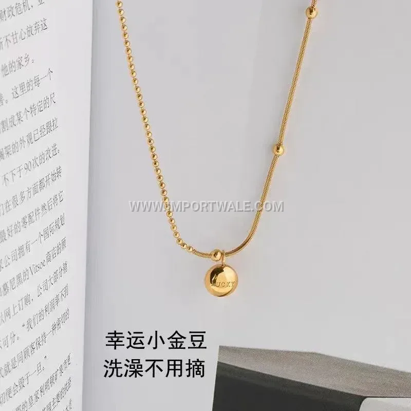 Golden Bean Pendant Snake Chain Stainless Steel Jewelry Set