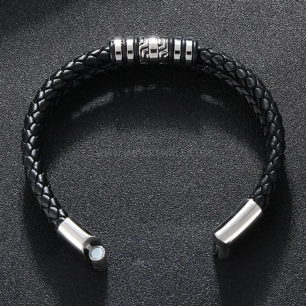 Double Strand Leather Magnet Clasp Stainless Steel Bracelet