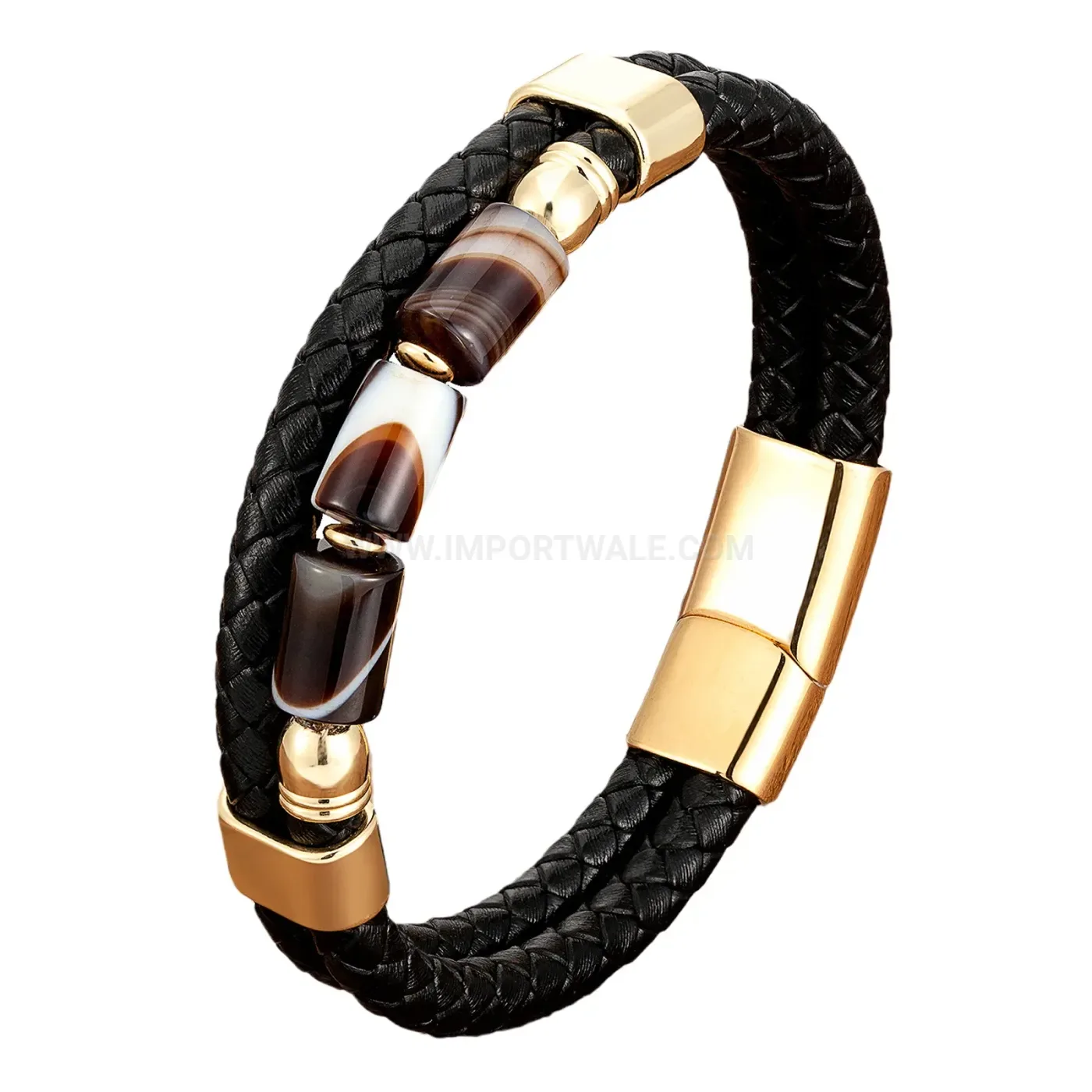 Double Layer Braided Leather Natural Stone Wristband Stainless Steel Clasp
