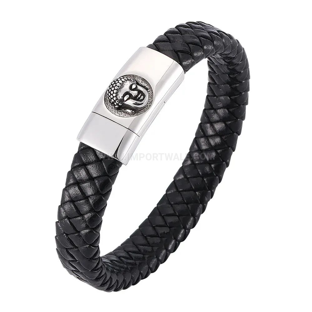 Modern Stainless Steel Buddha Head Braided Black Leather Men Bracelet