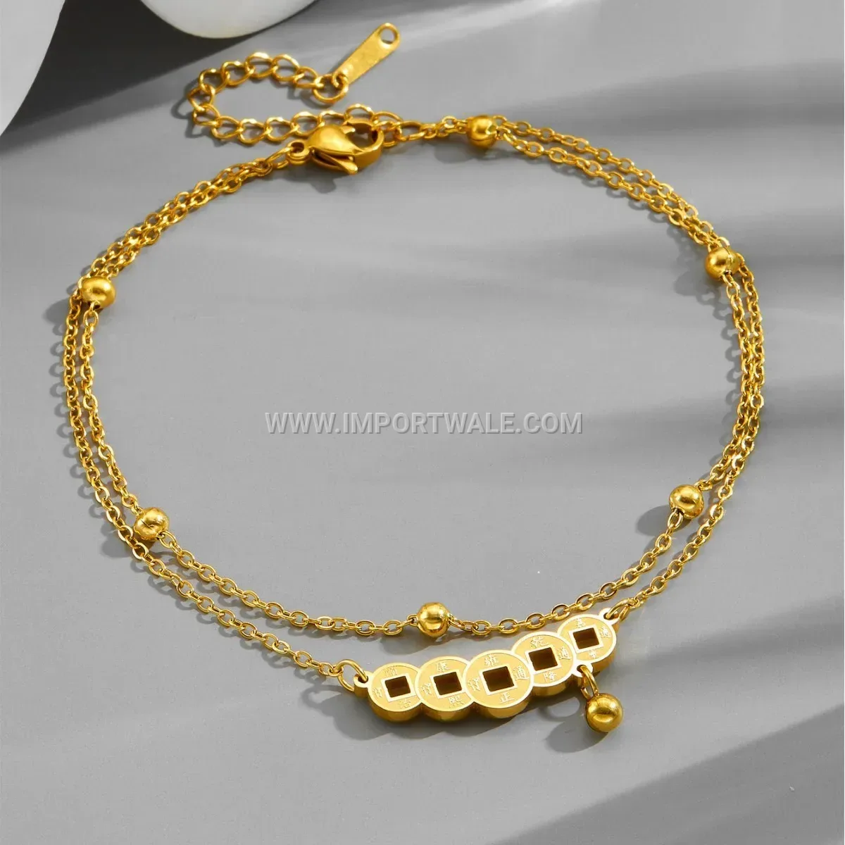 Gold Titanium Steel Layered Coin Motif Anti Tarnish Anklet
