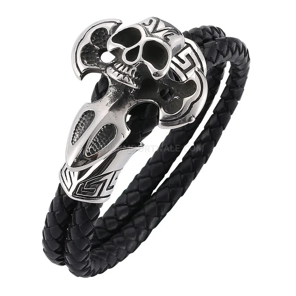 Braided Leather Punk Bracelet with Stainless Steel Skull Charm