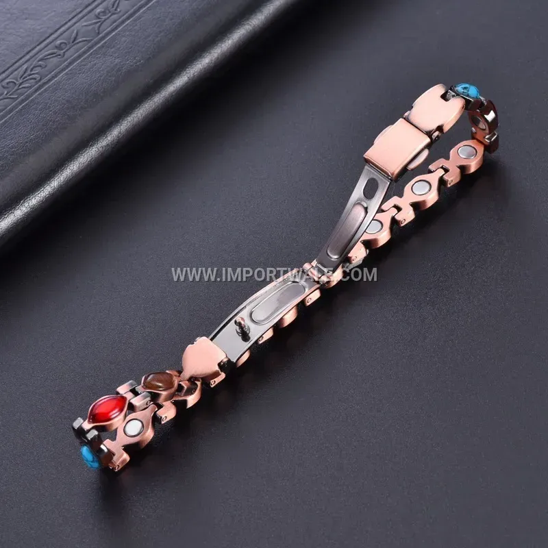 Vintage Geometric Red Copper Magnetic Bracelet with Turquoise Accent