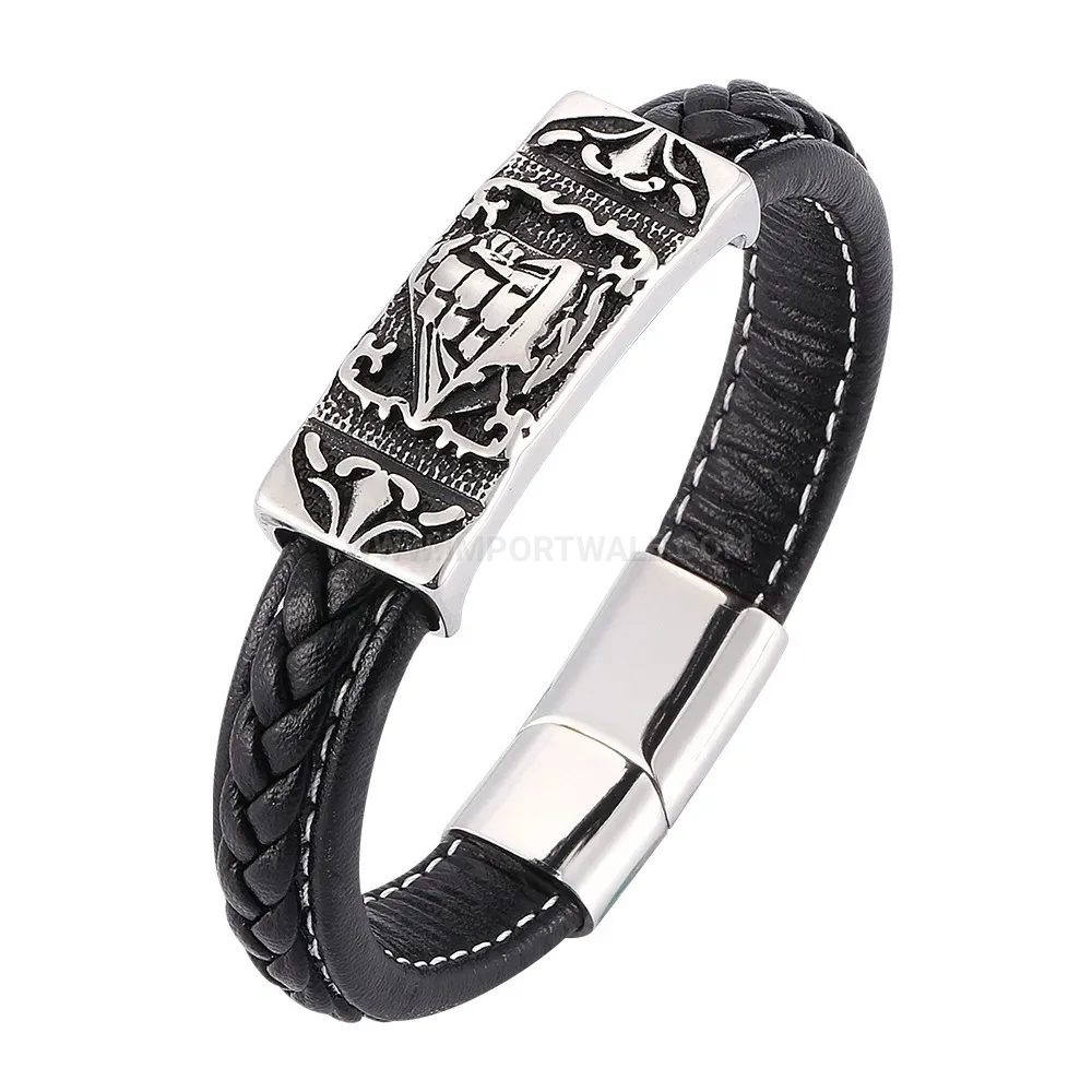 Modern Braided Black Leather Bracelet with Stainless Steel Anchor Magnetic Clasp