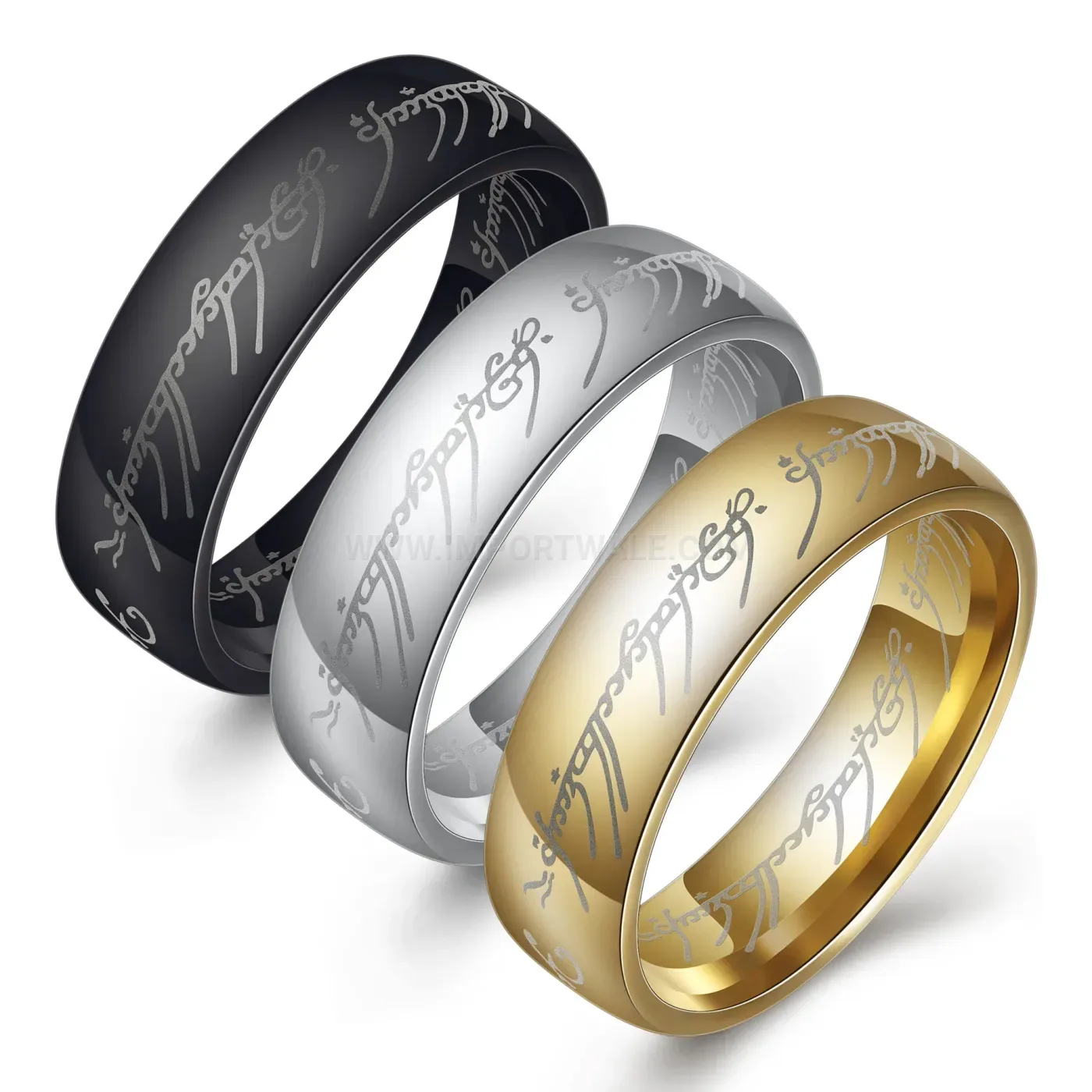 Modern Laser Engraved Elvish Script Stainless Steel Band Ring