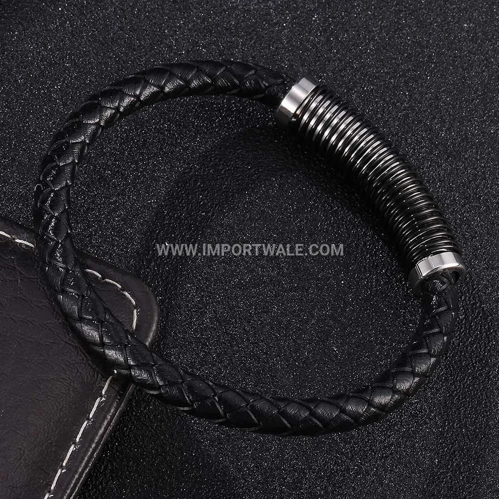 Braided Leather Wristband with Stainless Steel Magnetic Clasp