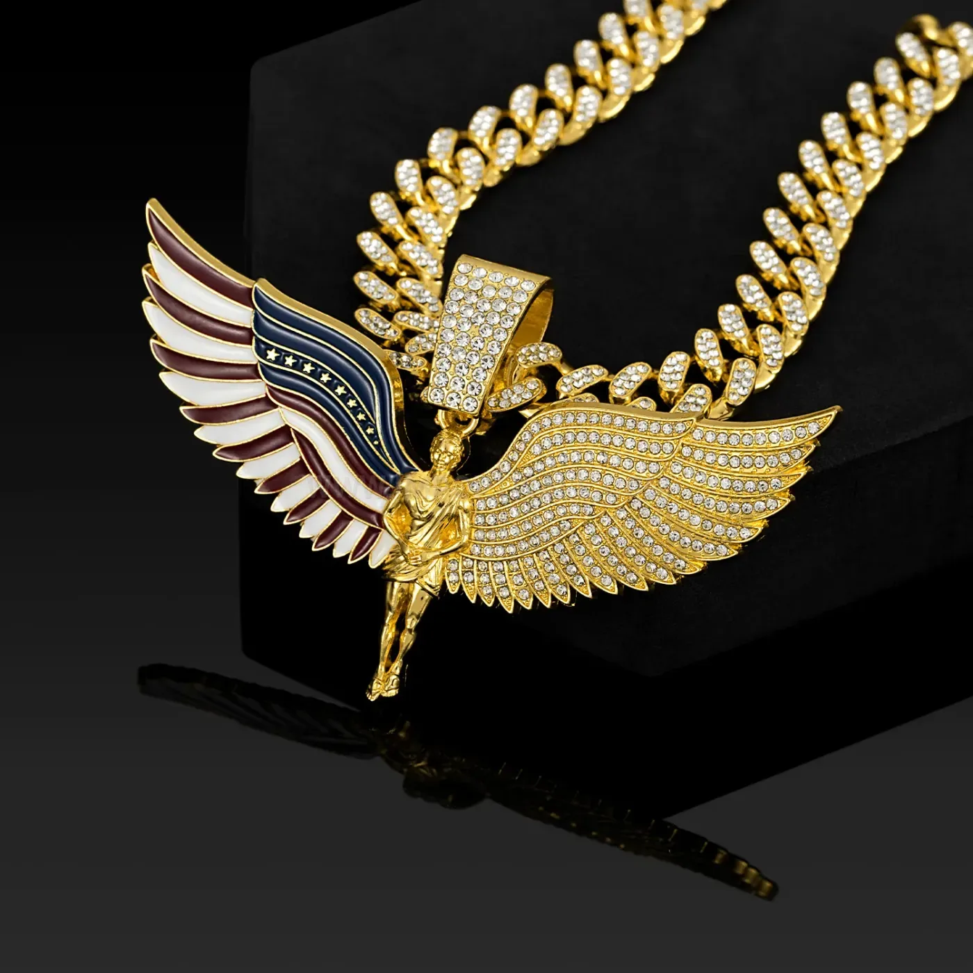 Iced Out Angel Wings US Flag Pendant Cuban Chain Necklace