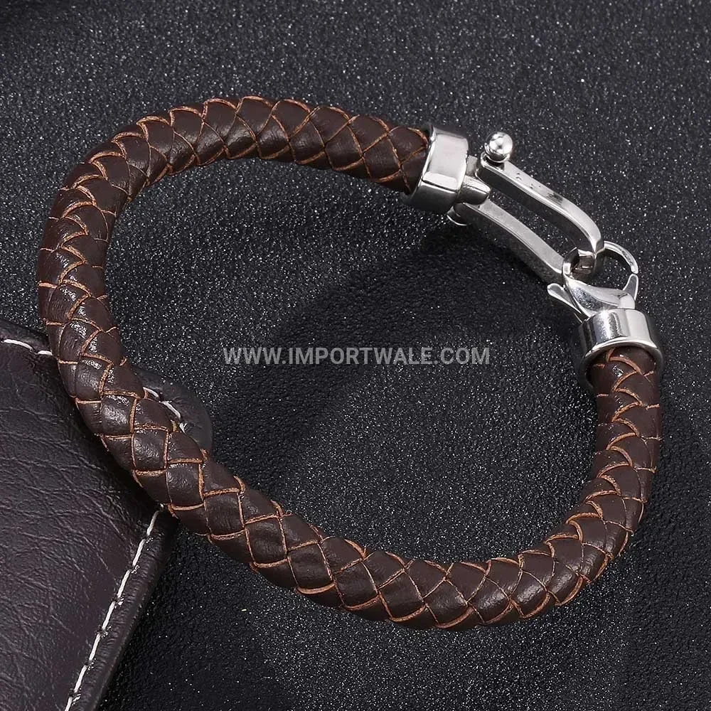 Braided Leather Stainless Steel Horseshoe Buckle Bracelet for Men