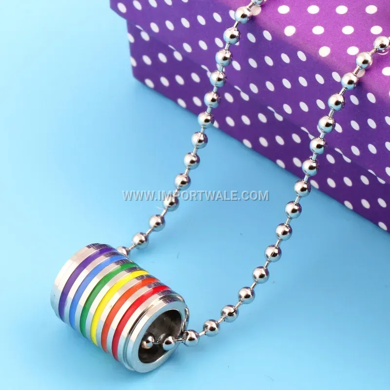 Vibrant Rainbow Enamel Cylindrical Stainless Steel Pendant Necklace