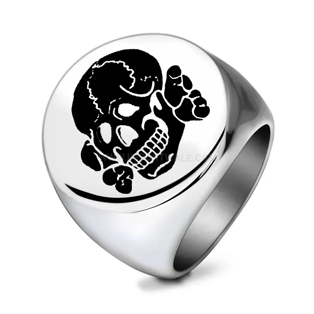 Designer Round Laser Engraved Skull Motif Stainless Steel Ring