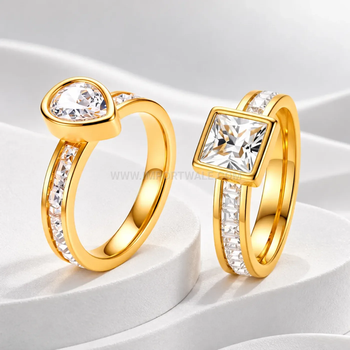 Stainless Steel Zircon Solitaire Ring Set with Pave Accent Band
