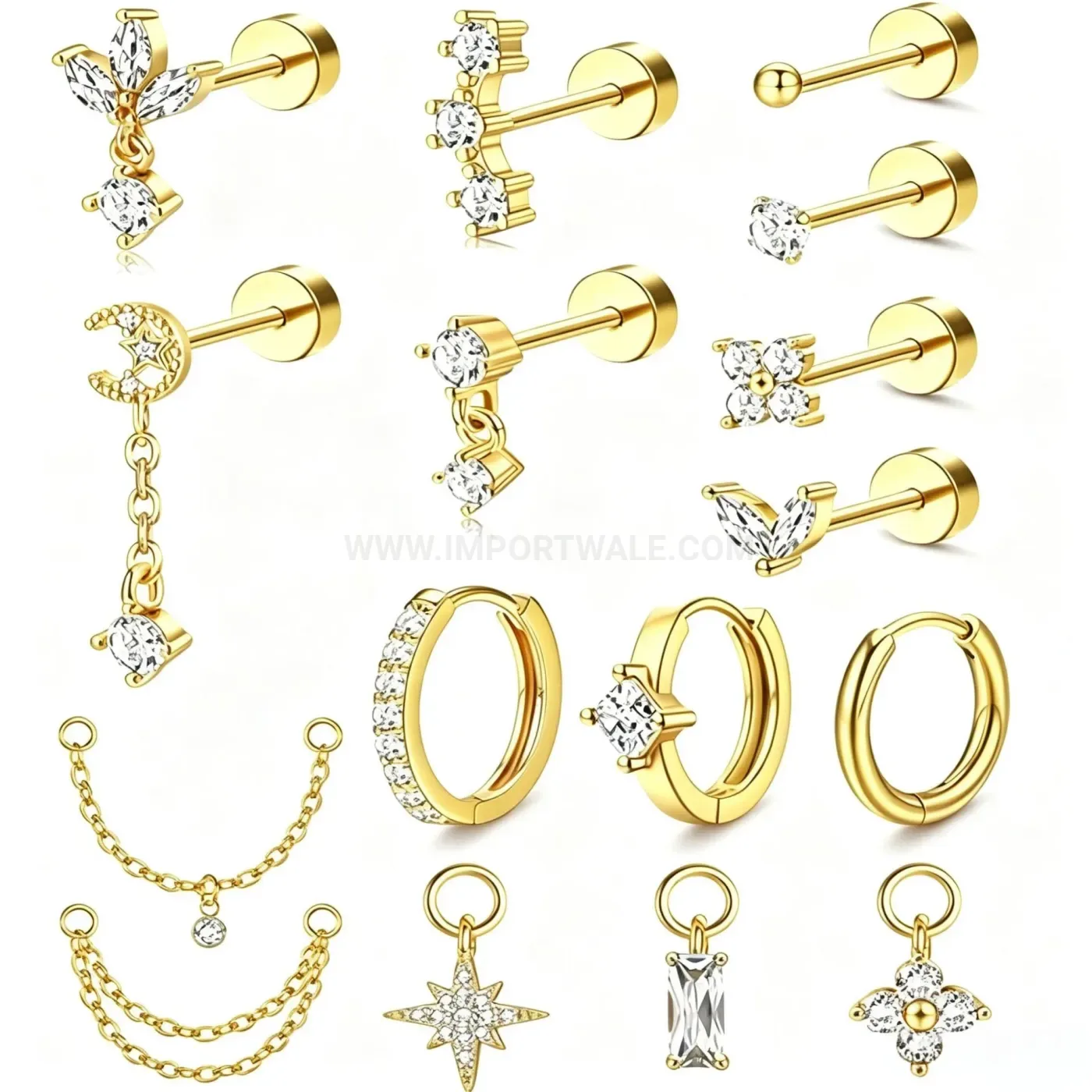 Bold Stainless Steel Four-Point Star Rhinestone Flat Back Earrings