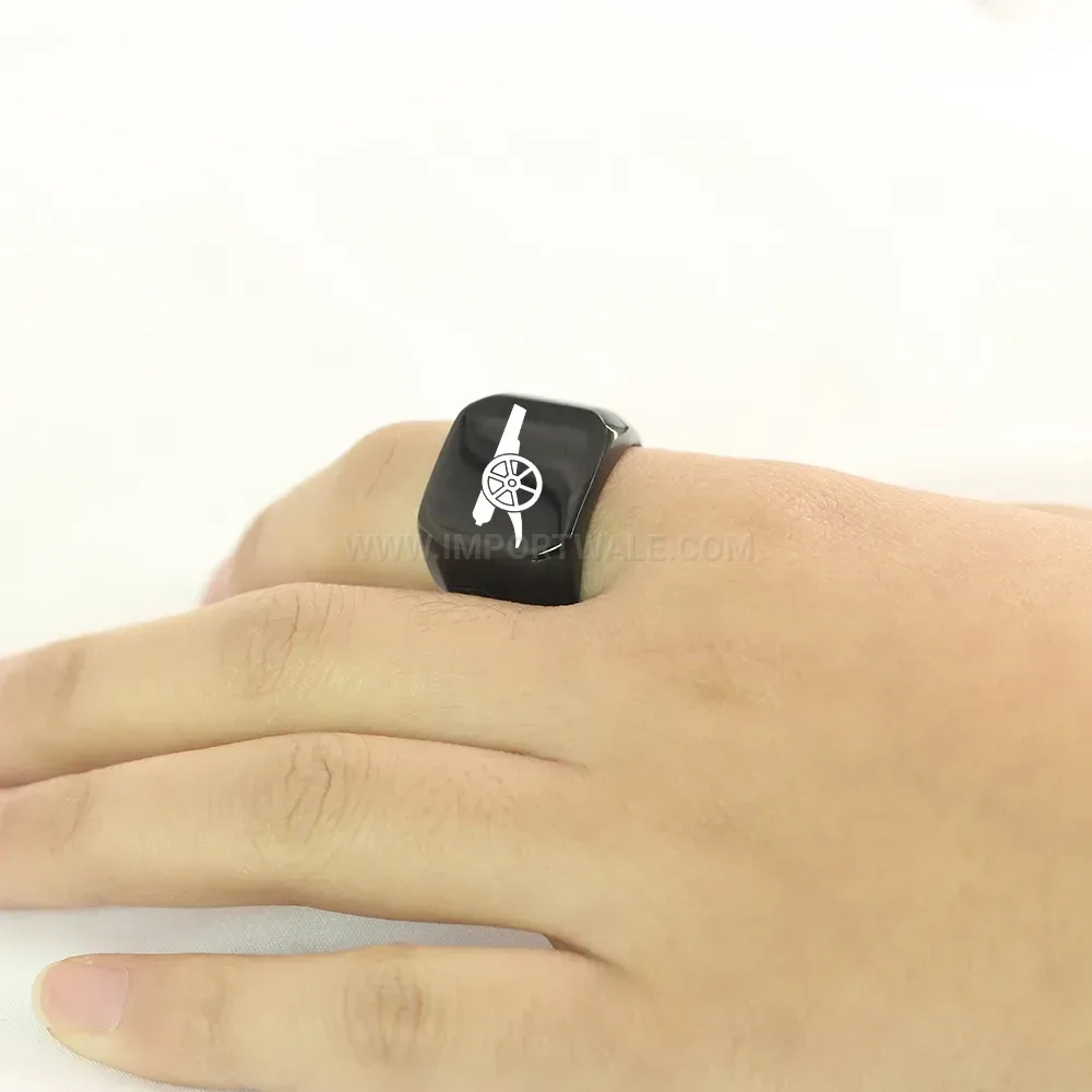 Designer Laser Engraved Cannon Motif Stainless Steel Square Signet Ring