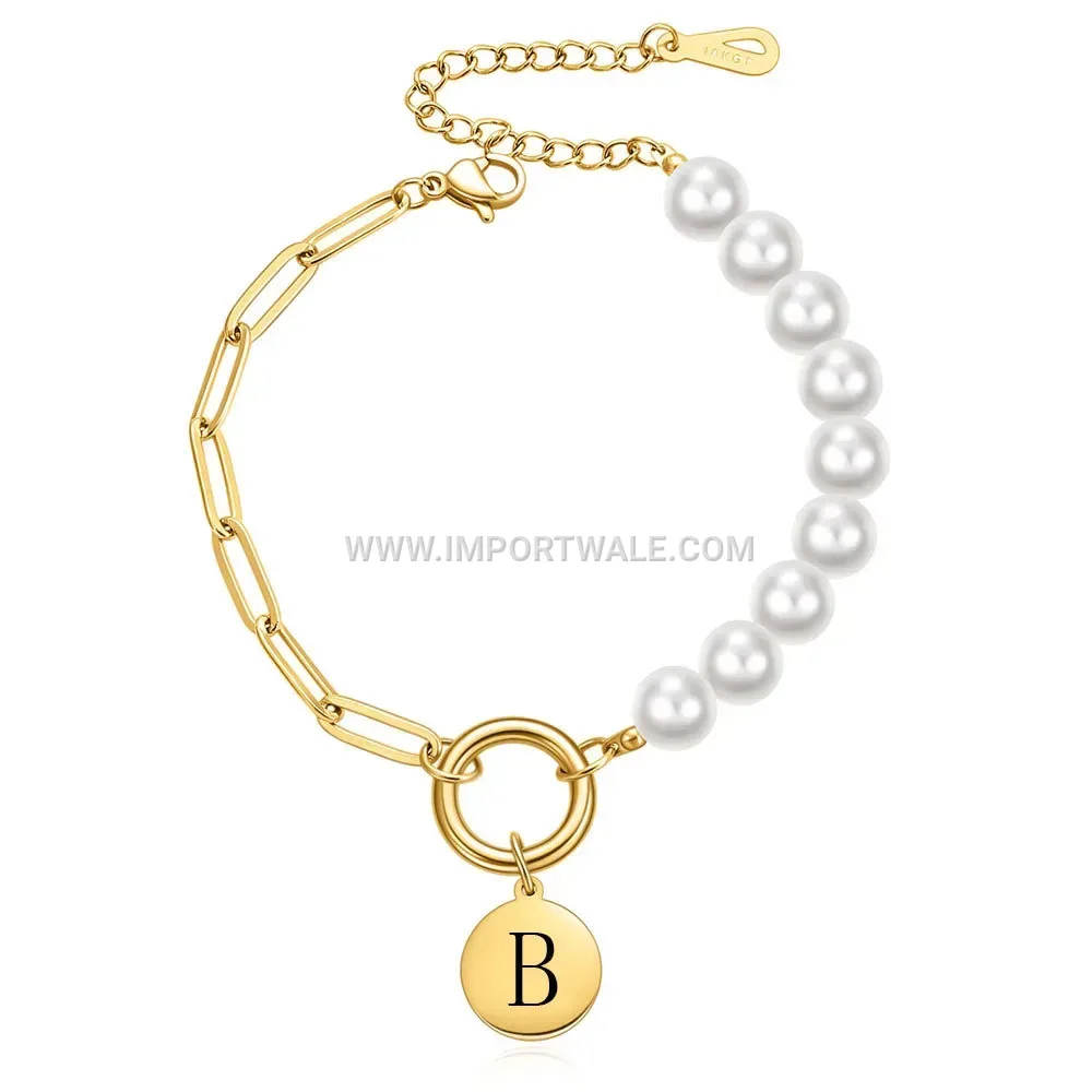 Faux Pearl Safety Pin Chain Stainless Steel Initial Charm Bracelet