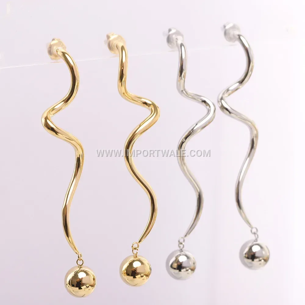 Stainless Steel Spiral Wave Stud Earrings With Round Ball Accent