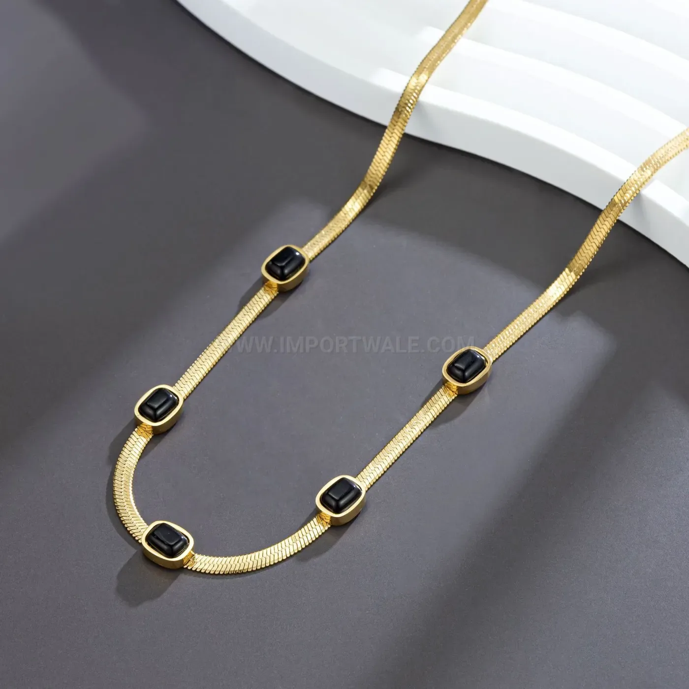 Classic Sleek Titanium Steel Snake Chain Necklace with Black Rhinestone Accent