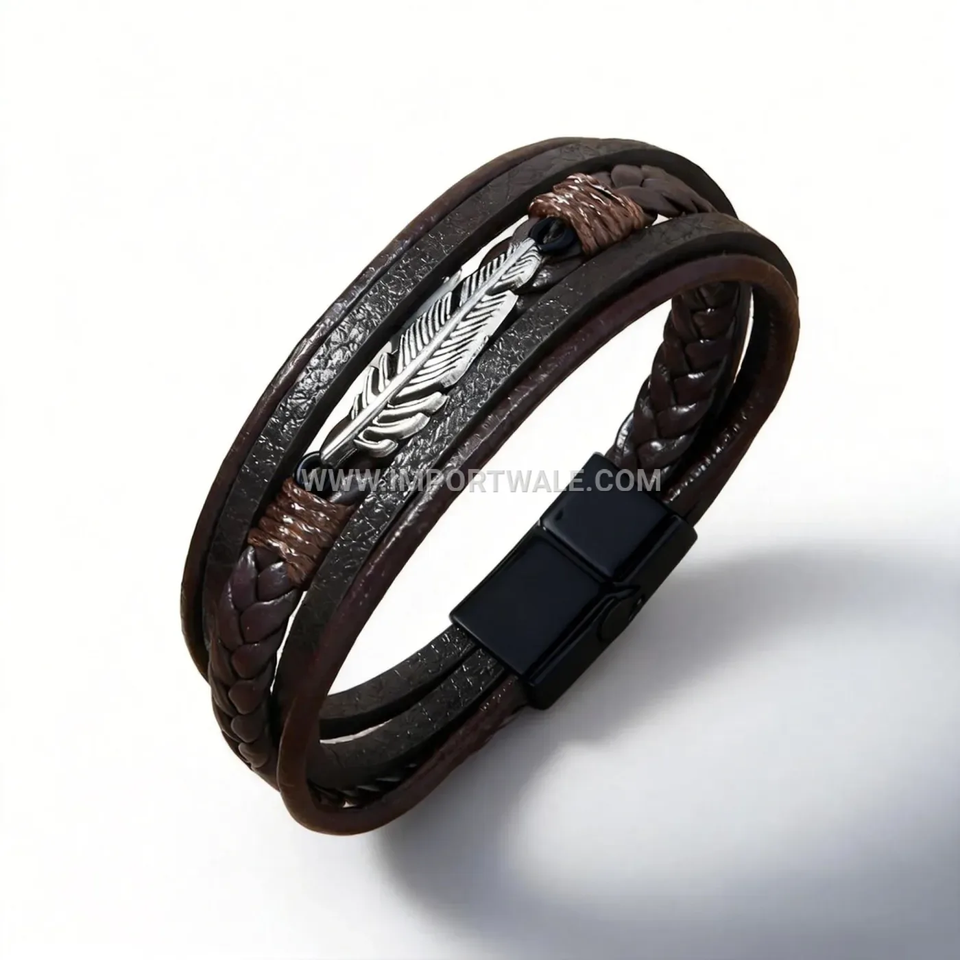 Vintage Feather Multilayer Braided Leather Wrap Bracelet Magnetic Clasp