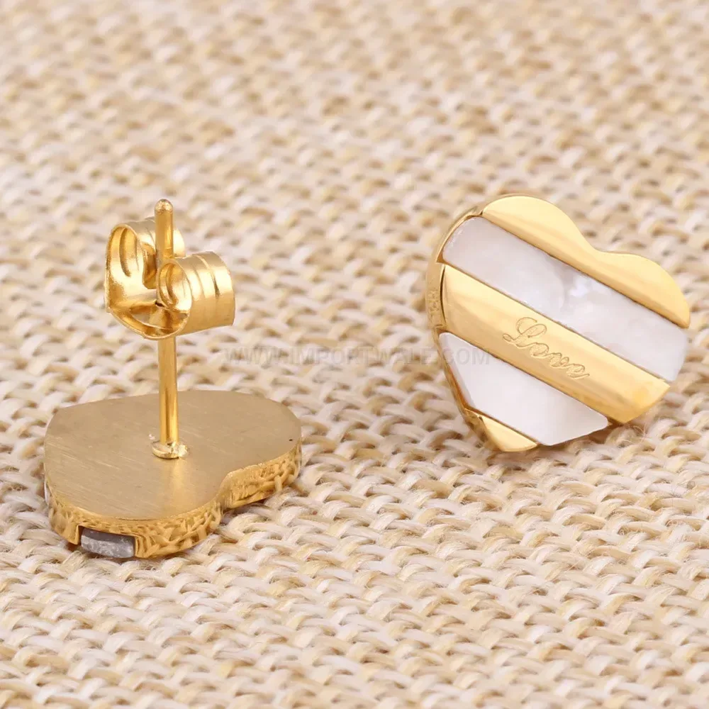 Classic Gold Stainless Steel Striped Heart Stud Earrings