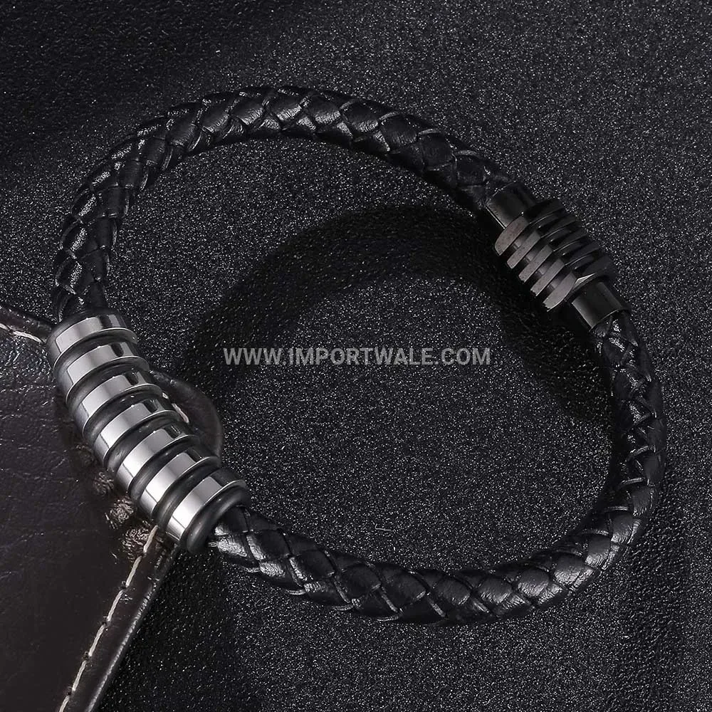 Woven Leather Wrap Bracelet With Stainless Steel Magnetic Clasp