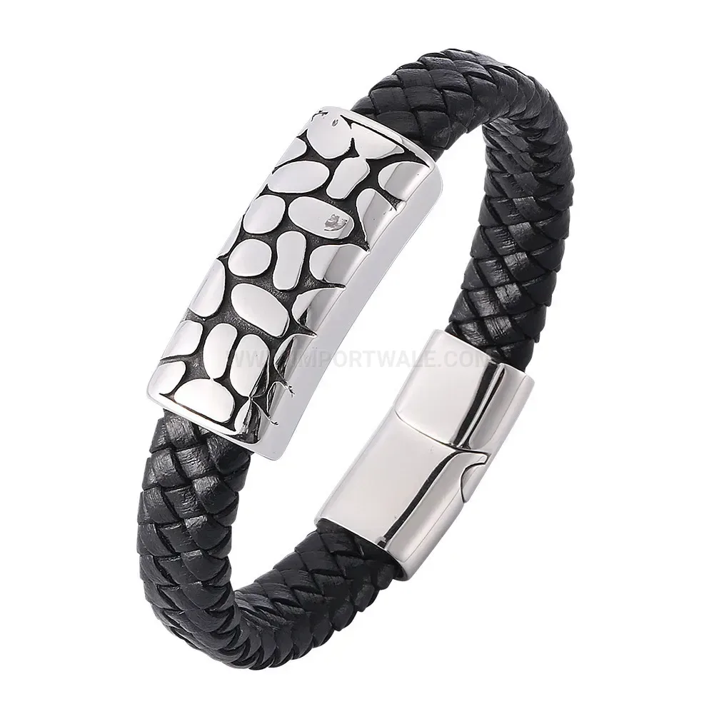 Braided Black Leather Bracelet with Stainless Steel Accent for Men