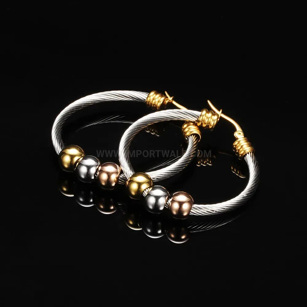 Designer Tri Tone Beaded Stainless Steel Cable Hoop Earrings
