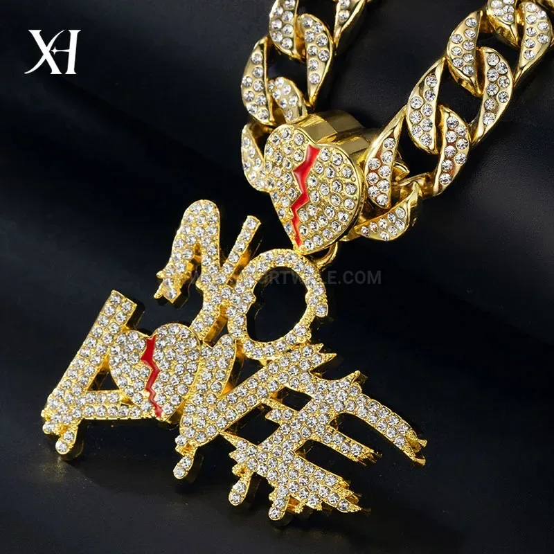 Full Rhinestone Letter Heart Patchwork Hip Hop Cuban Chain Pendant