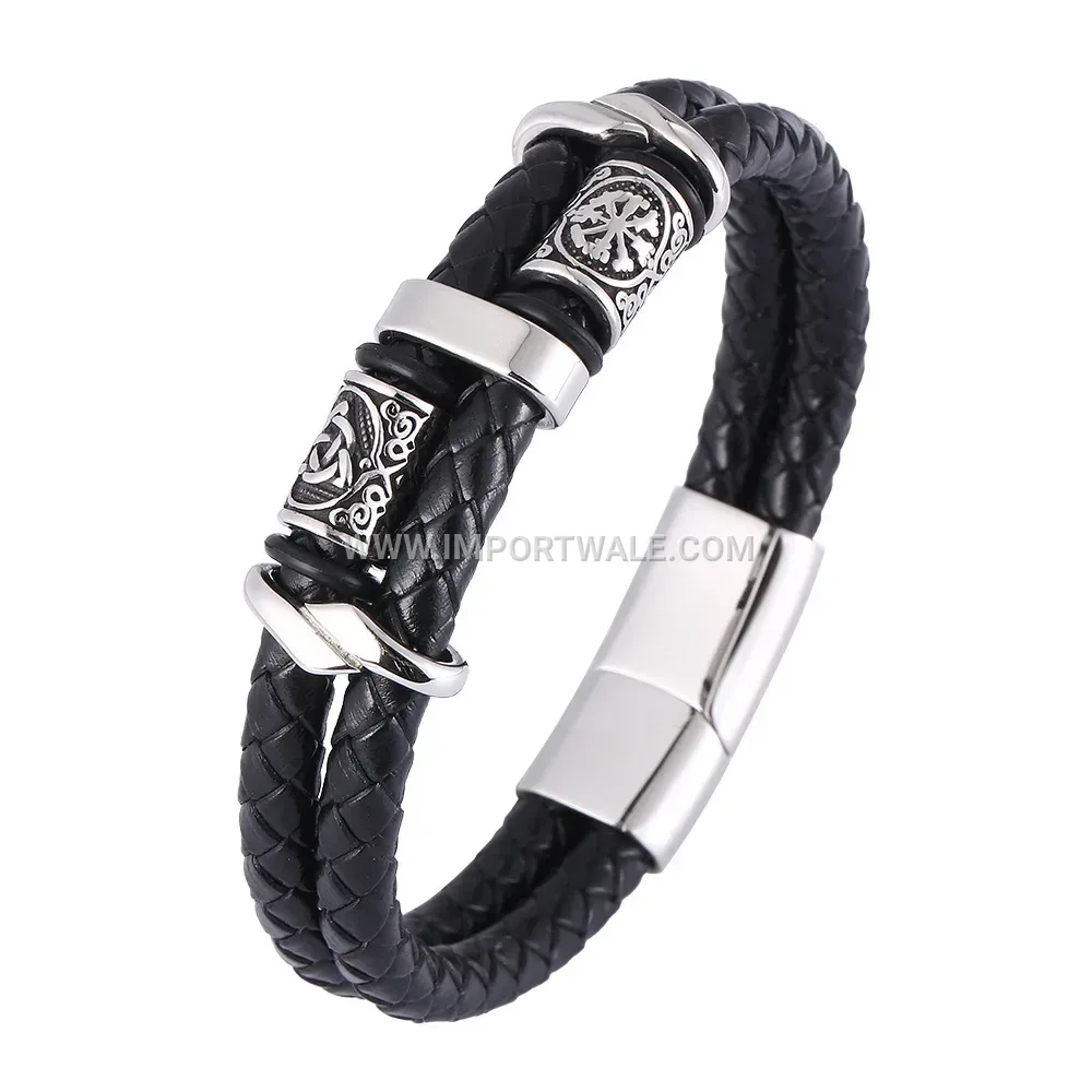Handcrafted Beaded Leather Bracelet with Stainless Steel Accents