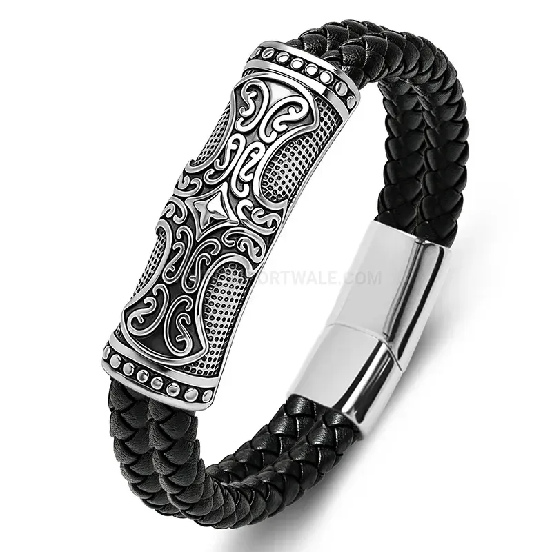 Chic Engraved Stainless Steel Contrast Leather Men Wristband
