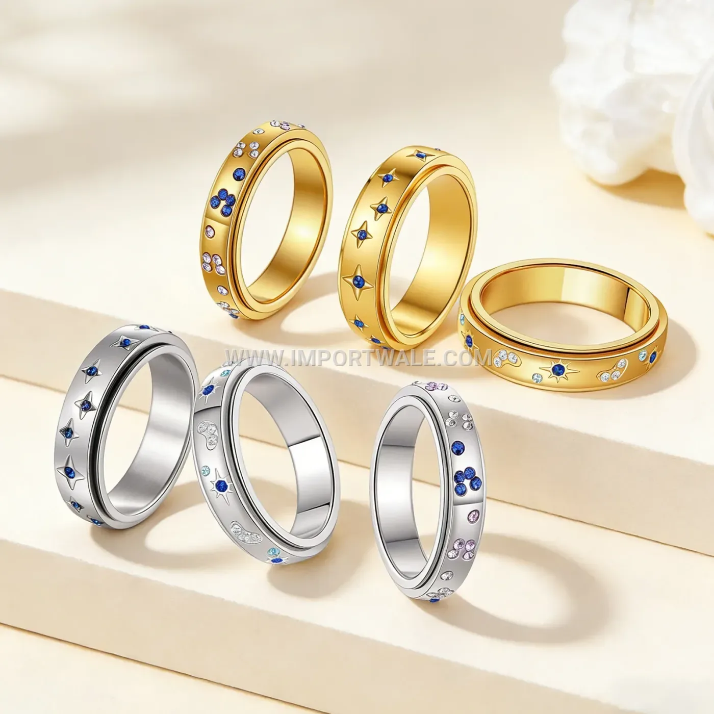 Rhinestone Celestial Sun Star and Butterfly Stainless Steel Ring Set
