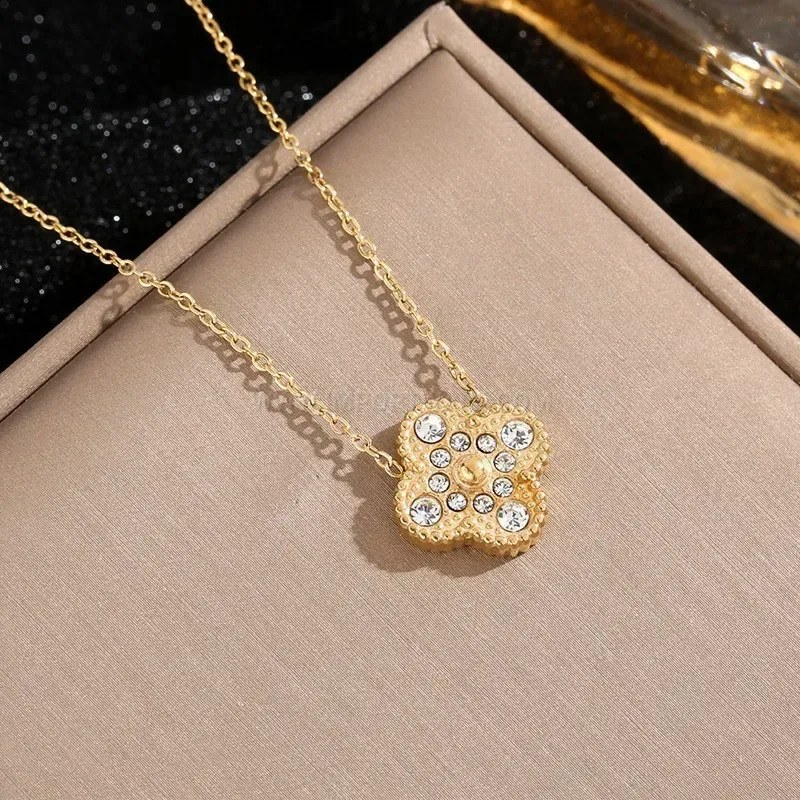 Stylish Rhinestone Four Leaf Clover Shell Pendant Stainless Steel Necklace