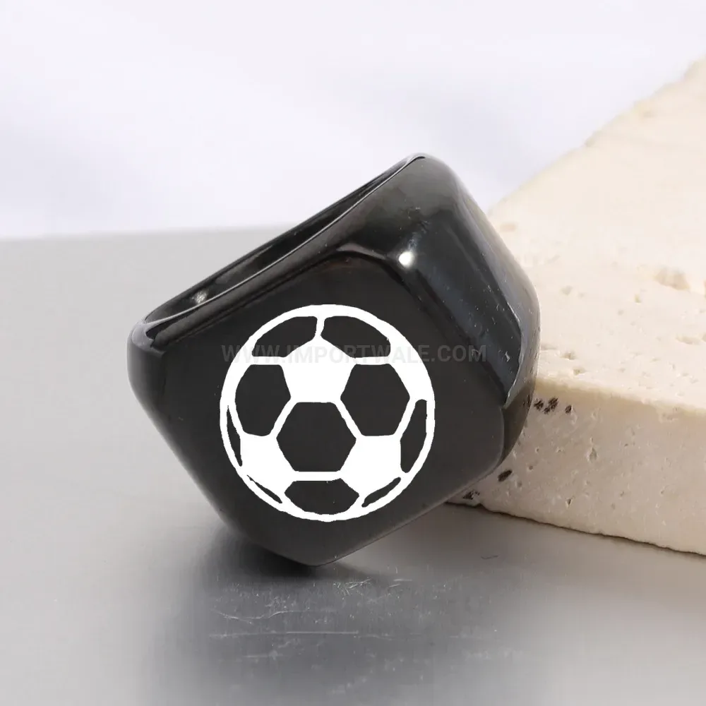 Bold Square Laser Engraved Soccer Motif Stainless Steel Ring